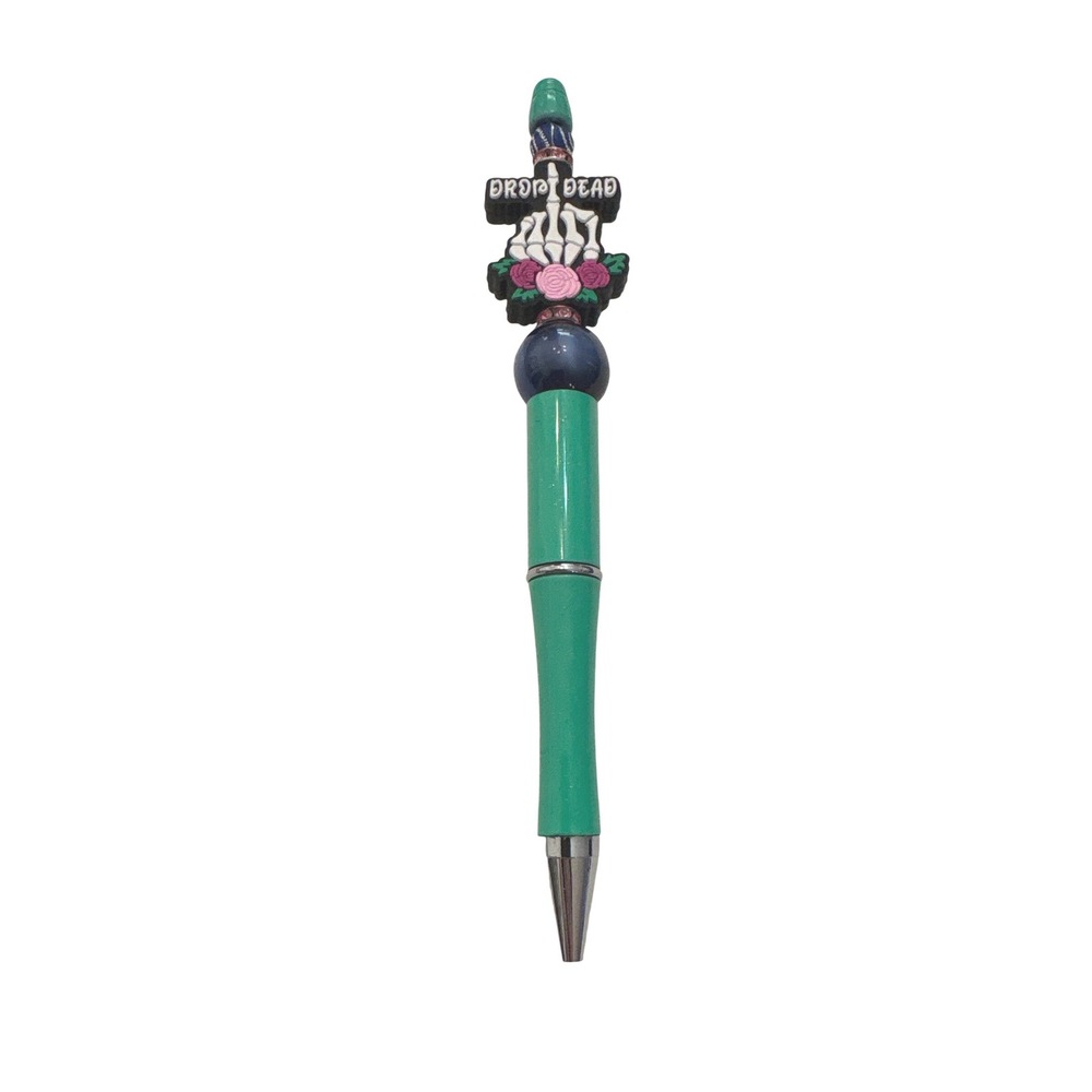 Drop Dead Skeleton Hand Beaded Pen Teal Gothic Middle Finger Floral Ballpoint